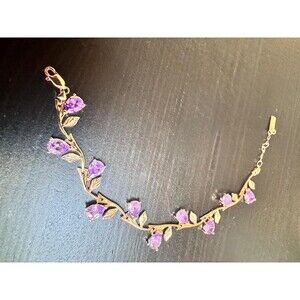 585 14K RG Rolled Gold Stamped Purple Zircon Pear Vine Leaf Adjustable Bracelet